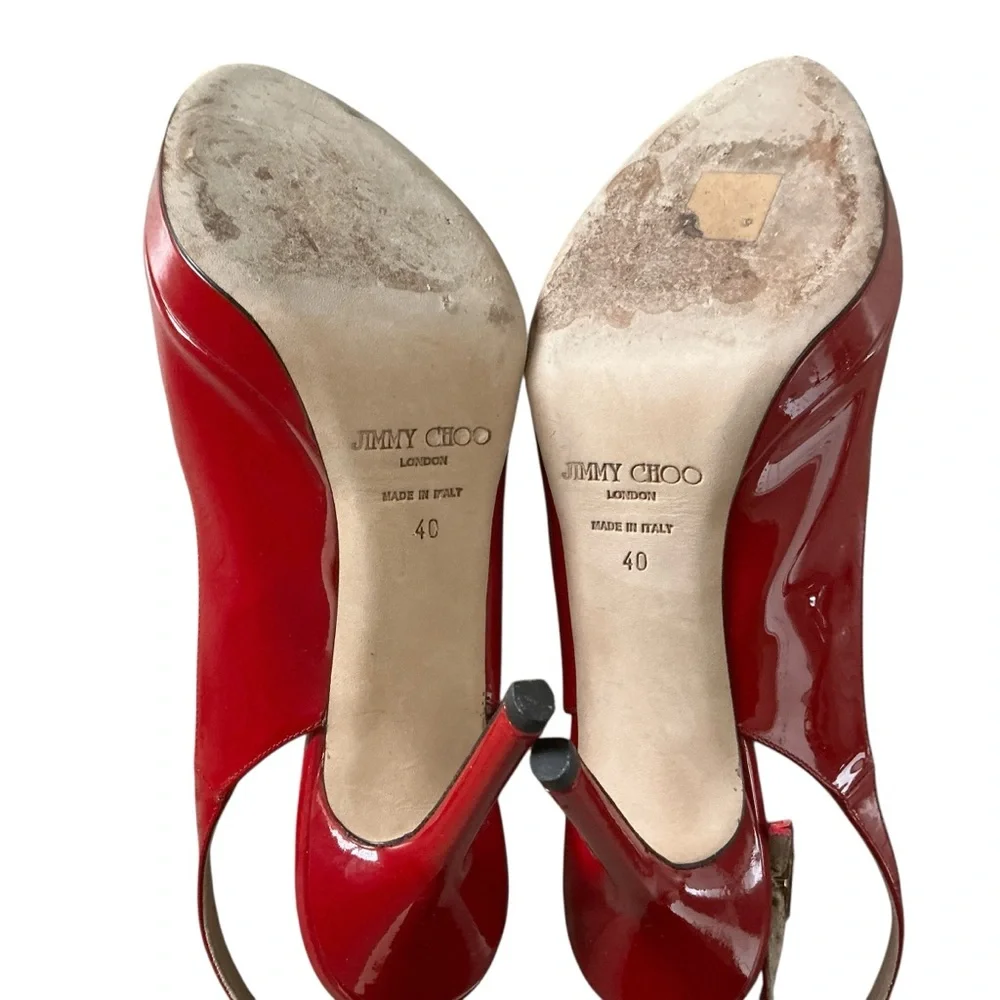Jimmy Choo nova red patent leather Clue peep toe slingback platform shoes 40